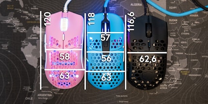 Lunghezza e larghezza dei mouse in millimetri. Rosa: Modello O- Blu: M42 Nero: MM710