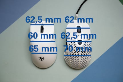 Dimensioni dei mouse dall'alto: Origin One X a sinistra e Makalu 67 a destra.