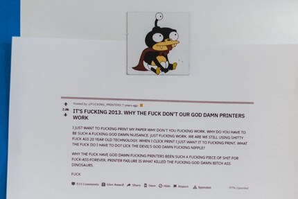 The Planet Express team bears a lot of responsibility – including for all the company’s printing problems. As you can see from this pinboard in their office.