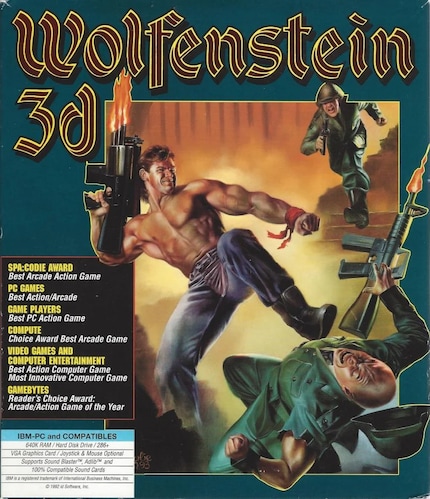 Big muscles and gun at the ready: the cover for the US version of «Wolfenstein 3D».