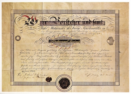 Il certificato di formazione di Ferdinand Piatnik. Immagine: Piatnik