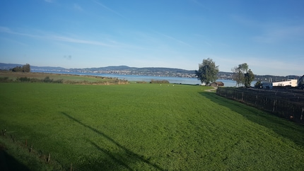 Vista del lago di Zurigo attraverso il finestrino del treno. Cresce l'attesa per l'escursione.