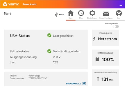 The program’s overview page doesn’t just show that everything’s in working order. It also displays the current load and the battery charge remaining as a result.