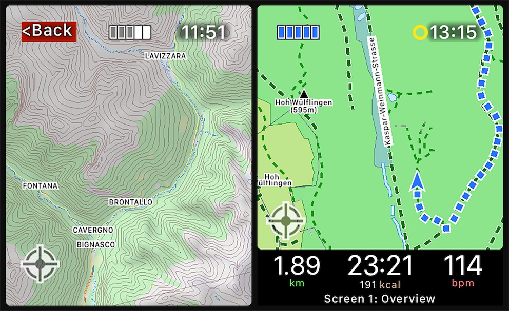 La maggior parte dei sentieri è segnalata sulle mappe topografiche dell'app «WorkOutDoors».