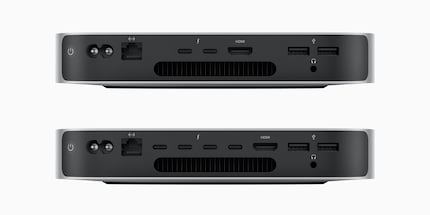 Le diverse porte sono visibili sul retro del Mac Mini. Sopra la variante M2, sotto il modello M2 Pro.