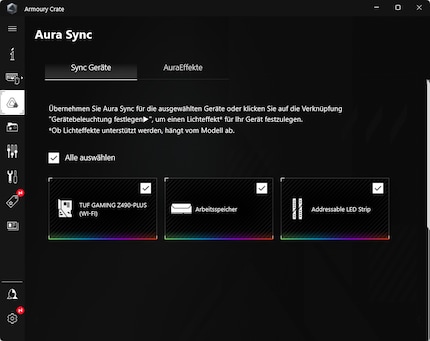 Asus’ Armoury Crate software recognises RGB LEDs on fans and lists them as an Addressable LED Strip.