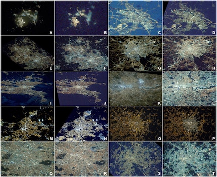 Queste immagini dalla ISS mostrano le variazioni degli spettri luminosi nell'illuminazione notturna di varie città europee. Gibilterra/Algeciras in (A) 2012 e (B) 2020, Amsterdam in (C) 2012 e (D) 2016, Birmingham in (E) 2013 e (F) 2020, Bruxelles in (G) 2013 e (H) 2019, Dublino in (I) 2012 e (J) 2014, Londra in (K) 2012 e (L) 2020, Madrid in (M) 2012 e (N) 2017, Milano in (O) 2012 e (P) 2015, Parigi in (Q) 2012 e (R) 2020 e Roma in (S) 2012 e (T) 2020.