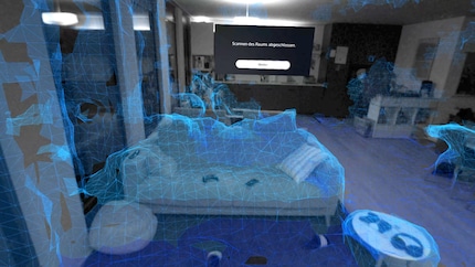 Ecco come il visore VR vede il divano e il resto del soggiorno. Più poligoni blu sono visibili durante la scansione, meglio è.