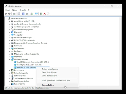 Via the device manager, I get to the settings (Properties) for the network card.