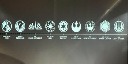 Il capo della Lucasfilm Kathleen Kennedy mostra la nuova linea temporale espansa, che inizia con l'Alba degli Jedi, prosegue con la Nuova Repubblica e termina con il Nuovo Ordine Jedi.