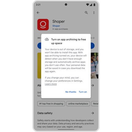Ecco come dovrebbe apparire l'avviso di archiviazione delle app quando cerchi di disinstallare un'app.