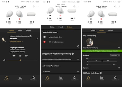 The three main views in the Sony Headphones app.