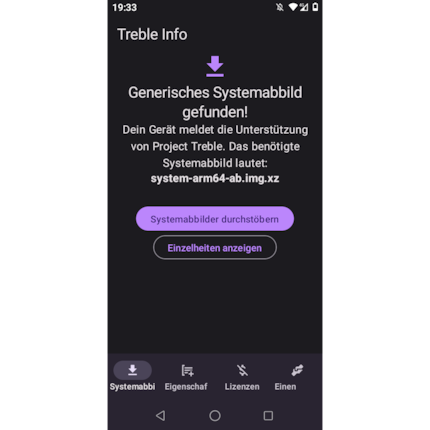 L’app Treble Info ti segnala se in linea generale la GSI funziona. Inoltre mostra anche l’architettura della CPU (ARM o ARM64), l’architettura binder e il layout di partizione (A oppure A/B).