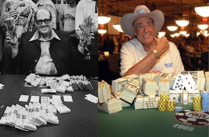 Texas Dolly negli anni '70 (a sinistra) e durante la sua ultima vittoria di un braccialetto nel 2005 (a destra).