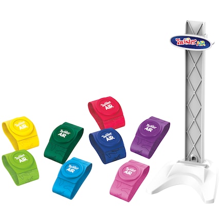 The Twister Air game contains two sets of four stretchable wristbands for ankles and hands.wrists and an adjustable stand that holds a smartphone or tablet during the game.