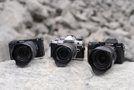 The three test devices: Sony Alpha 6700 (left), OM System OM-5 (middle) and Fujifilm X-S20 (right)