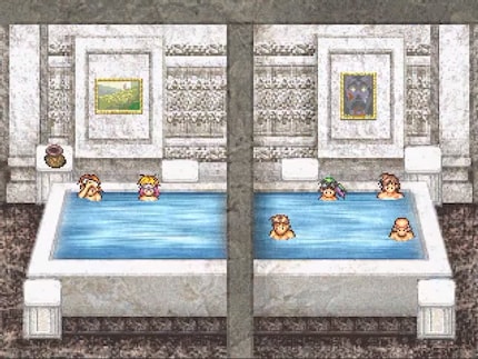 Take a bath in the castle to recover from fights. Like the castle, this changes over time. At the start you’re still bathing in barrels.