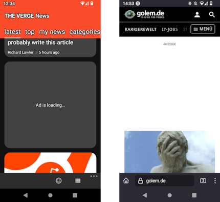 Niente più pubblicità. Né nell'app di The Verge a sinistra, né sul sito web di golem.de a destra.