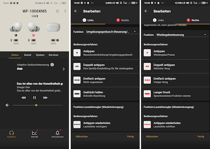 A sinistra c'è la pagina iniziale dell'app, mentre le altre due immagini mostrano le opzioni di controllo degli auricolari (in tedesco).