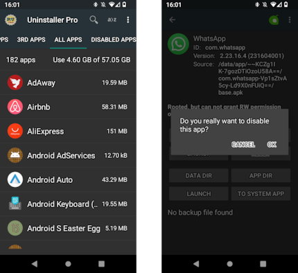 Con Root Uninstaller Pro non è solo possibile disinstallare le applicazioni normali e di sistema, ma anche congelarle.