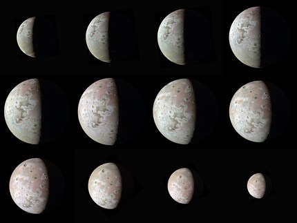 Dodici viste della luna di Giove Io dalla sonda spaziale Juno.