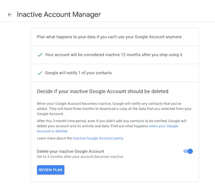 Google offre la possibilità di eliminare l'account se è rimasto inattivo per un periodo di tempo sufficiente. Puoi decidere la durata di questo periodo.
