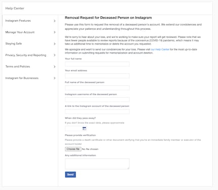 Strano: Instagram vuole un link a un articolo di cronaca o a un necrologio come conferma della morte, oppure uno screenshot. Tuttavia, non si tratta di un documento ufficiale.