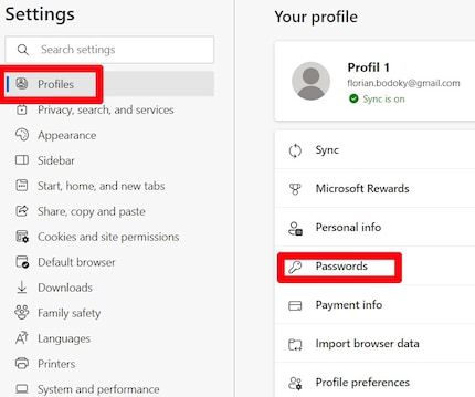 Edge salva le password nel menu del profilo.