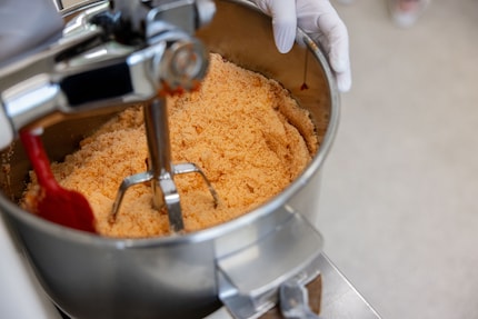 Nell'impastatrice, la mousse e il sale formano una massa omogenea