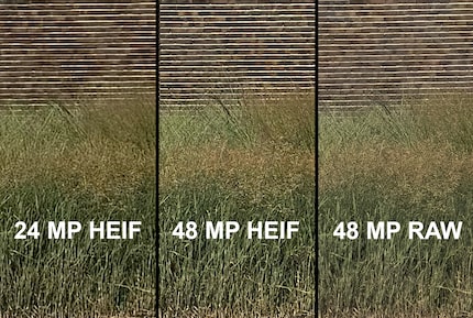 Ora è possibile salvare tutti i 48 megapixel in formato HEIF. Il risultato è migliore di quello ottenuto con 24 megapixel, ma non così buono come nel vero formato RAW. In cambio, i file HEIF a piena risoluzione richiedono solo un decimo dello spazio di archiviazione.