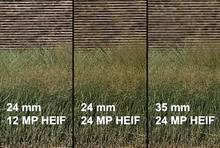 Nell'immagine molto ingrandita si può vedere che le nuove immagini da 24 megapixel (al centro) sono più dettagliate di quelle da 12 megapixel dell'iPhone 14 Pro (a sinistra). A destra, la stessa sezione con il nuovo zoom in formato 35mm. È meglio di un semplice zoom digitale.