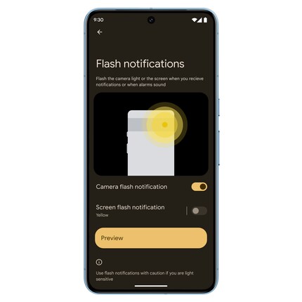 Puoi scegliere se il flash della fotocamera e/o l'intero display si accendono per le notifiche in arrivo.