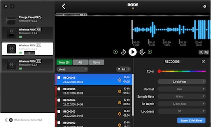 Rode Central is where you can alter settings and check, play and export on-board recordings.