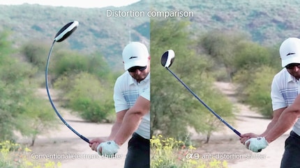 I precedenti sensori impilati, come nel Sony A9 II (a destra), distorcono già meno i movimenti veloci rispetto ai sensori normali (a sinistra). Ma la mazza da golf è ancora leggermente storta. Con il global shutter, invece, rimarrebbe dritta.