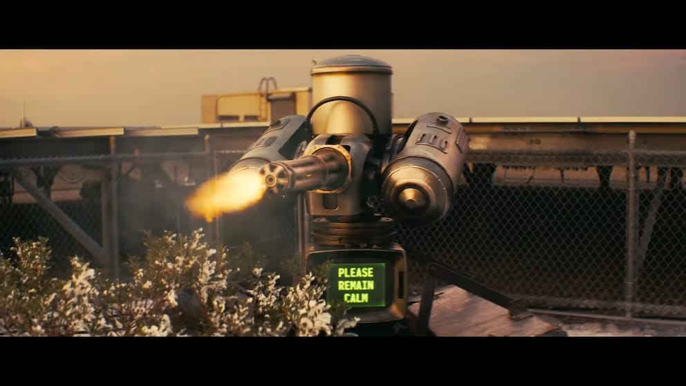 The bitter «Fallout» humour is not neglected in the trailer either. Here in the form of an automatic machine gun that begs its victims to stay calm.