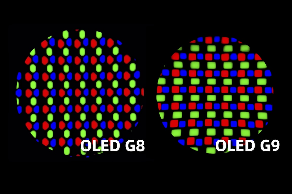 The new sub-pixel pattern of 2nd and 3rd gen QD OLED (right) is designed to improve text sharpness