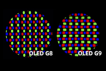 Il nuovo schema di subpixel dei QD-OLED di 2a e 3a generazione (a destra) punta a migliorare la nitidezza del testo.