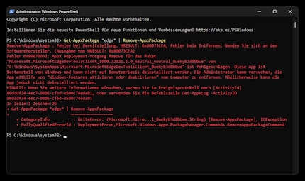 Anche la disinstallazione di Edge con Windows PowerShell non funziona più.
