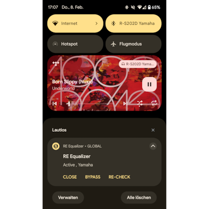 You have to start the RE Equalizer FX yourself, then it runs in the background (in the options, you can activate a direct background start without opening the app) and is always visible with an icon in the status bar. That’s where you’ll also find the quick settings.