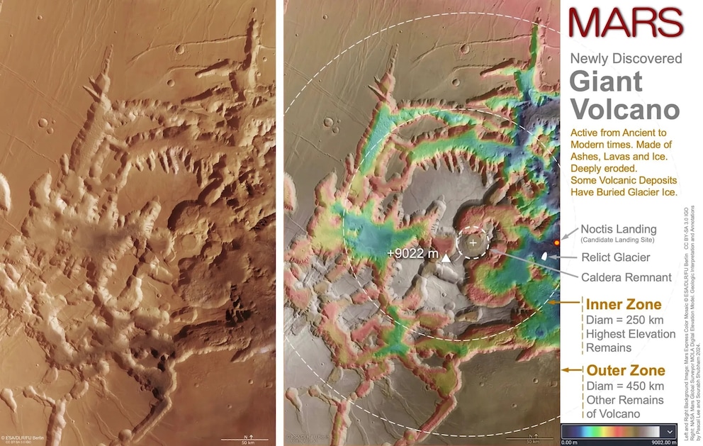 Vulcano Noctis | Nelle immagini e nei dati topografici, ci sono prove di un enorme vulcano con un'altezza di 9000 metri e un diametro di 450 chilometri nell'area di Noctis Labyrinthus (Labirinto della Notte) su Marte. È fortemente sezionato da valli simili a reti, tanto da essere appena visibile.