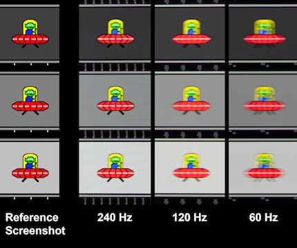 Scatti successivi di oggetti in movimento con tempo di posa di 1/50 di secondo. A 240 hertz, la sfocatura da movimento è minima.