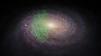 Le stelle di Shakti e Shiva nella nostra galassia | Nei dati del terzo catalogo del satellite di astrometria Gaia, sono state trovate due popolazioni stellari che gli autori chiamano Shiva (punti verdi) e Shakti (punti viola). Esse provengono da due galassie che si sono fuse con il giovane sistema della Via Lattea più di dodici miliardi di anni fa. L'indagine del cielo Gaia include solo una parte della nostra galassia, l'immagine di sfondo è un'illustrazione.