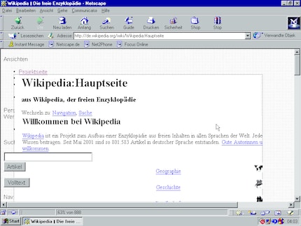 Screenshot della pagina principale di Wikipedia in Netscape, Windows 95.