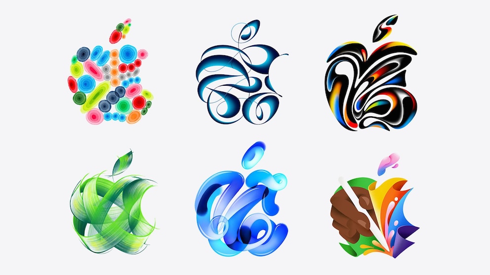 Six Apple logos in very different styles. The different thickness of the brush strokes is also striking - it could indicate different tips for the new Apple Pencil.