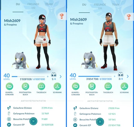 A sinistra c'è il mio avatar prima dell'aggiornamento. Il fatto che la cintura bianca sia ora assente è un bug che Niantic vuole risolvere.