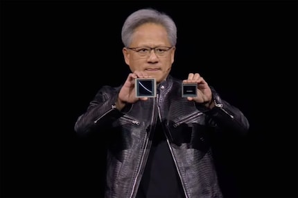 Nvidia CEO Jensen Huang presenting the new Blackwell chip in March 2024.