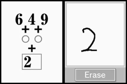 In questo problema di matematica tratto da «Dr. Kawashima's Brain Jogging», usi lo stilo o il dito per scrivere la soluzione sullo schermo di destra (lo schermo sottostante).