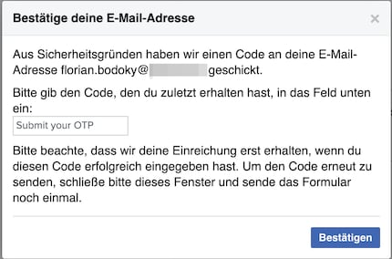 In questo pop-up si inserisce il codice ricevuto da Meta.