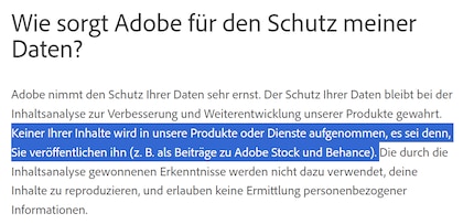 Adobe afferma che i tuoi contenuti non pubblicati non saranno inclusi nei suoi prodotti.