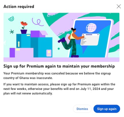 Youtube annulla automaticamente il tuo abbonamento se hai cancellato l'iscrizione nel paese sbagliato.